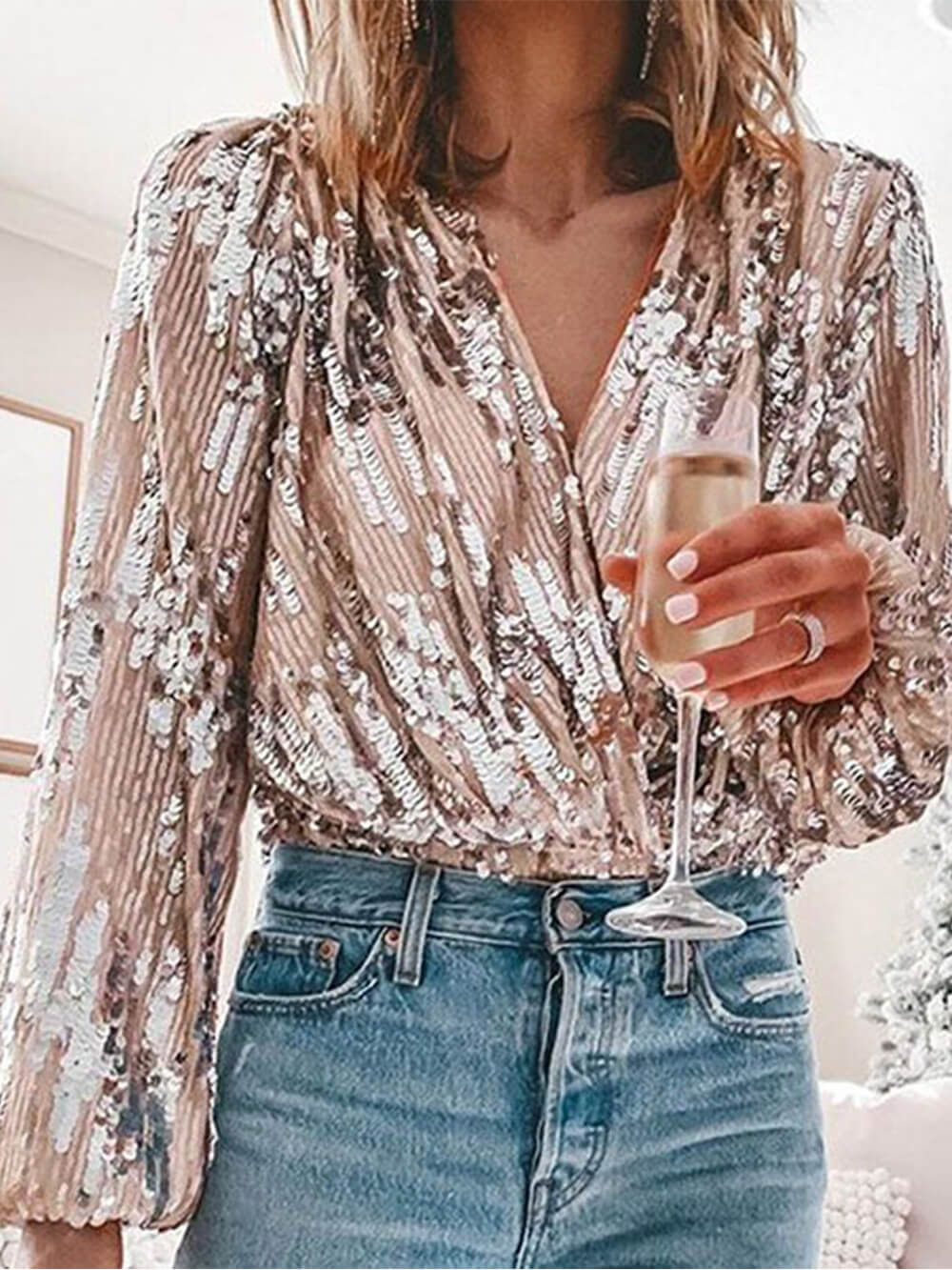 Blusa con Cuello en V y Lentejuelas