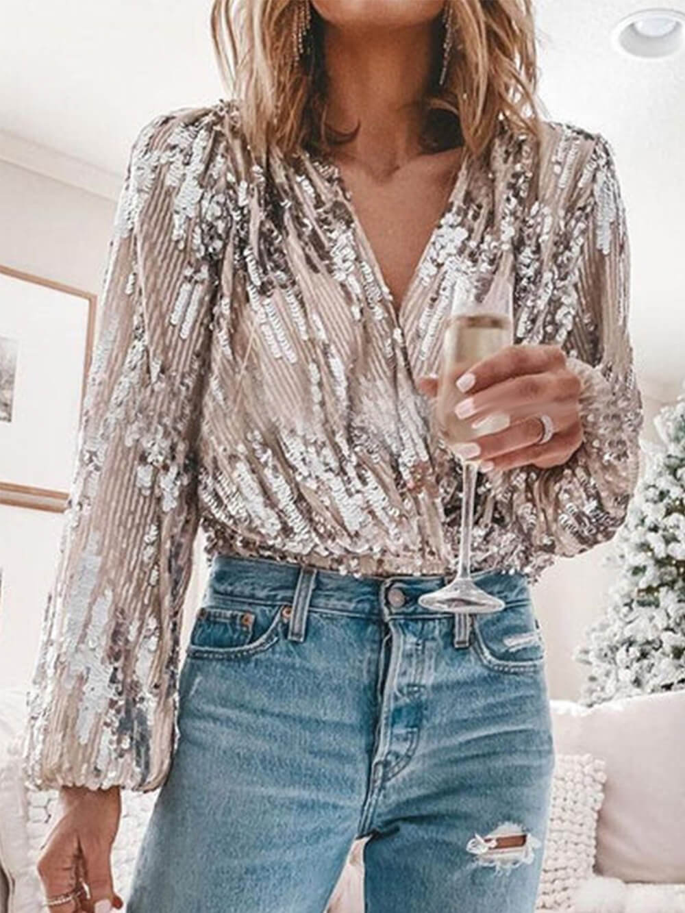 Blusa con Cuello en V y Lentejuelas