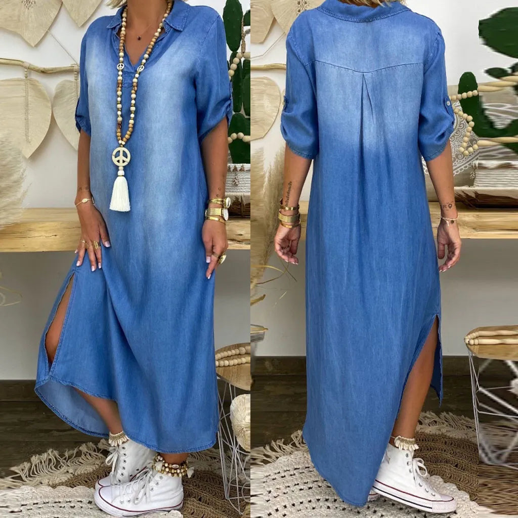 Laila™ | Vestido largo con aspecto vaquero y abertura lateral