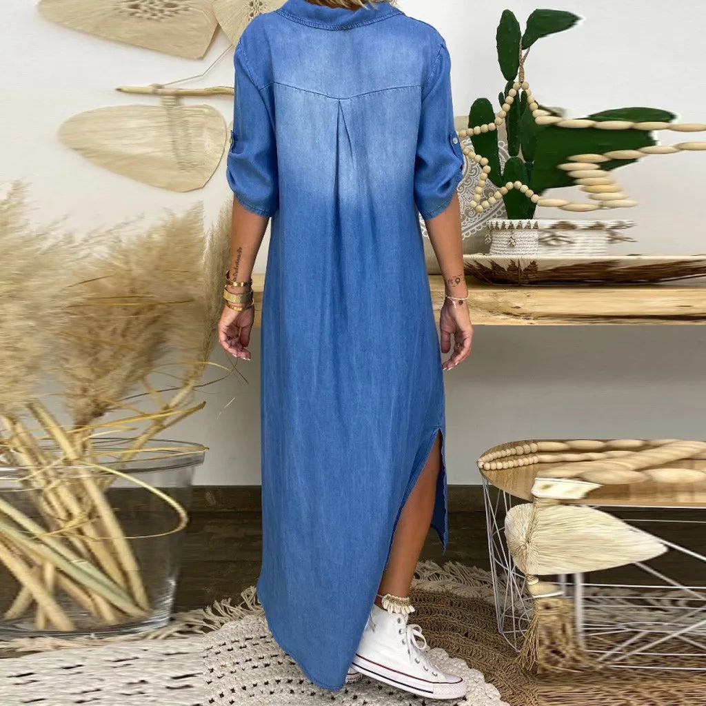 Laila™ | Vestido largo con aspecto vaquero y abertura lateral