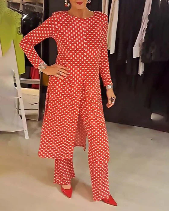 JULIETA 2 PIEZAS - TRAJE ELEGANTE DE LUNARES CON ABERTURA