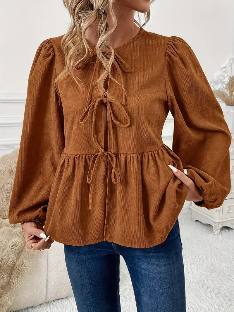 Gianna - Elegante Blusa Marrón Otoño Chic con Cordón Túnel de Moda y Mangas Puffer para Mujer