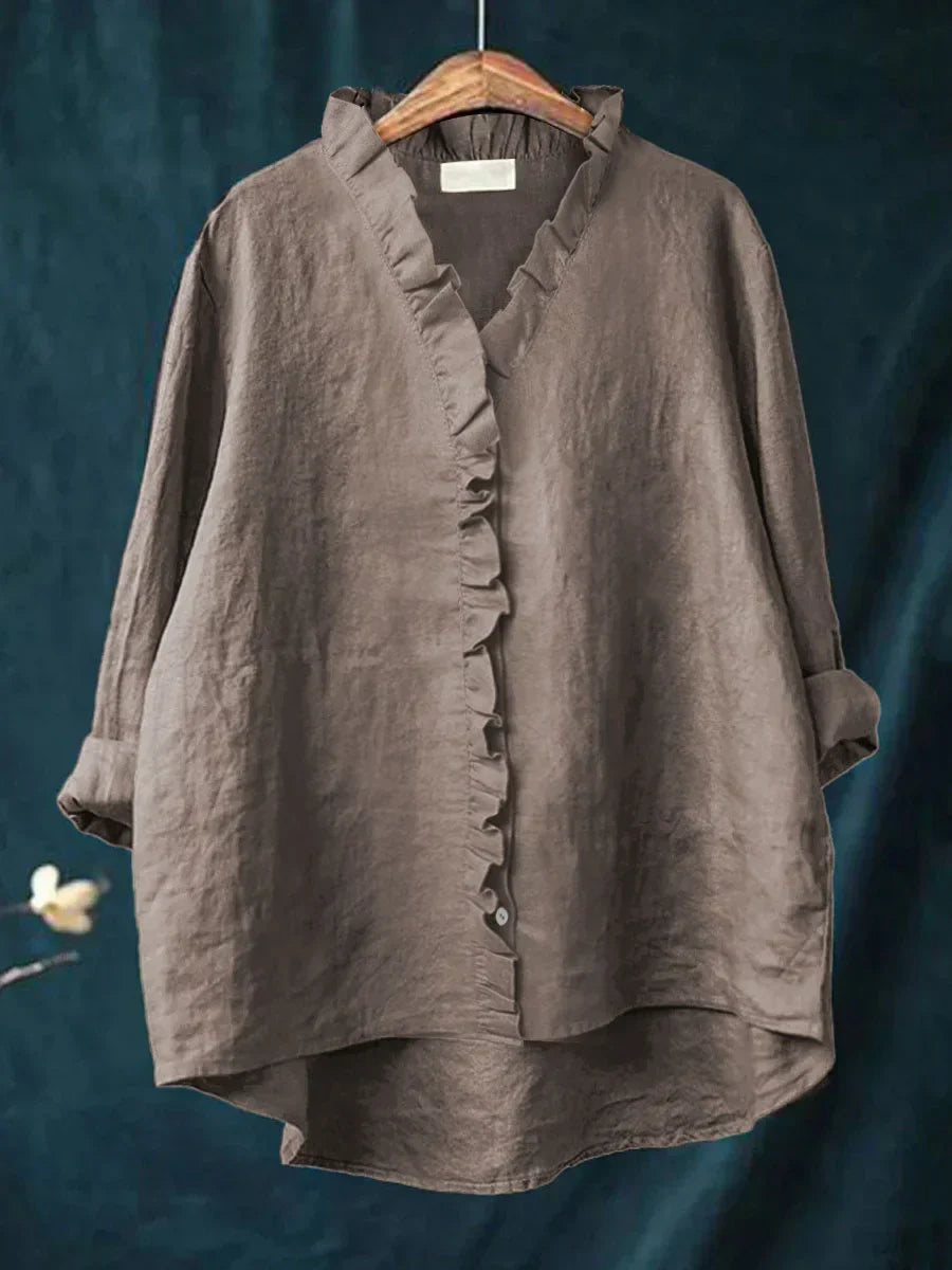 Sanela - Camisa Casual de Algodón y Lino con Volantes