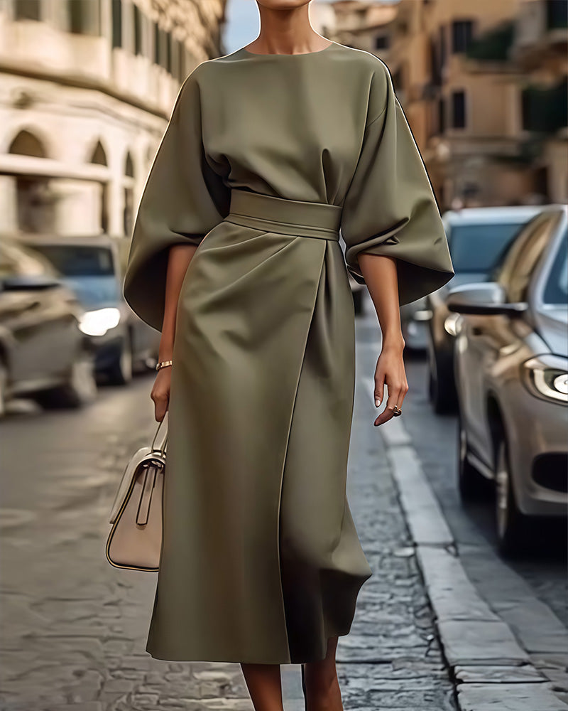 Vestido Celestine – Mangas Farol y Cinturón Sofisticado
