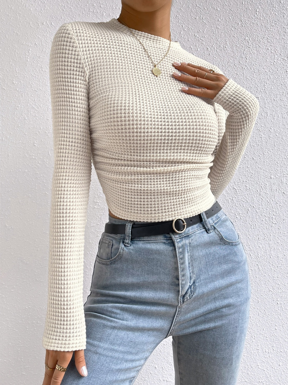 Monica - Camiseta de moda casual de otoño con cuello redondo y mangas largas para mujer