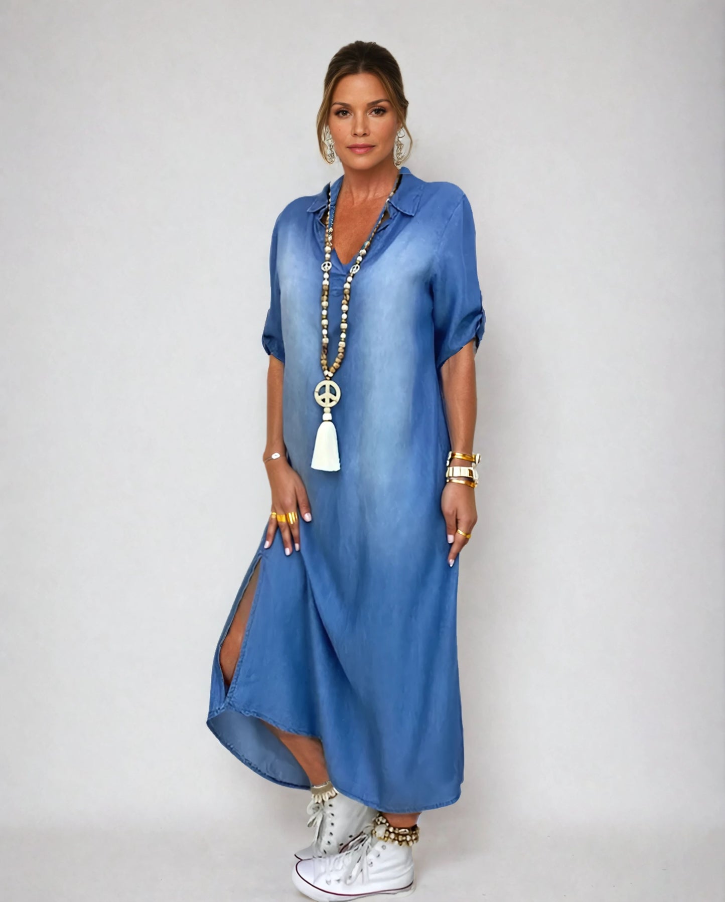 Laila™ | Vestido largo con aspecto vaquero y abertura lateral