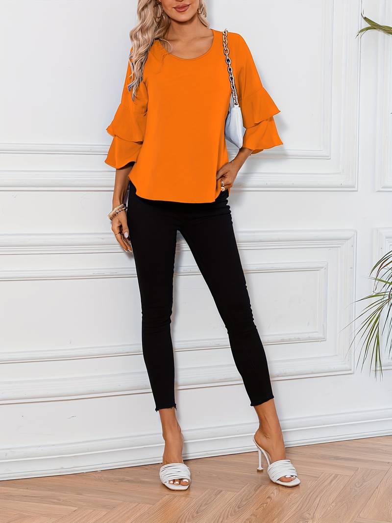 Emily - Camisa de moda con cuello redondo y elegantes mangas anchas acampanadas