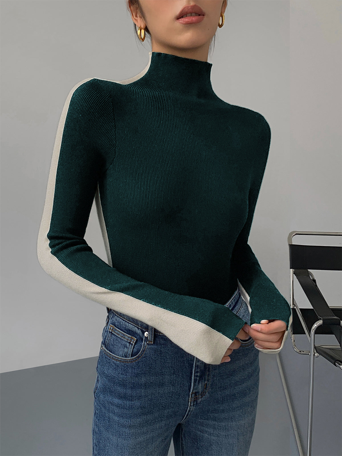 Elegante top bicolor de punto para mujer de manga larga | Sophie