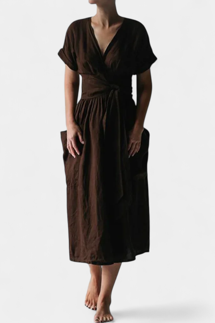 Cressida Vestido de Lino con Escote en V y Cintura Ajustable