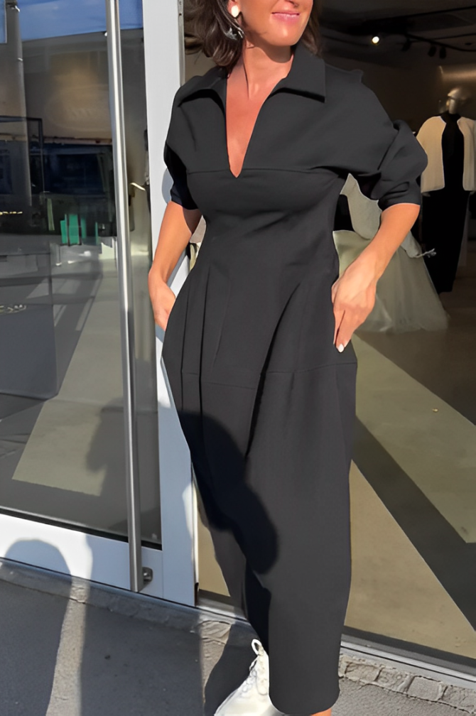 VESTIDO MIDI ELEGANTE - CINTURA MARCADA Y ESCOTE PROFUNDO