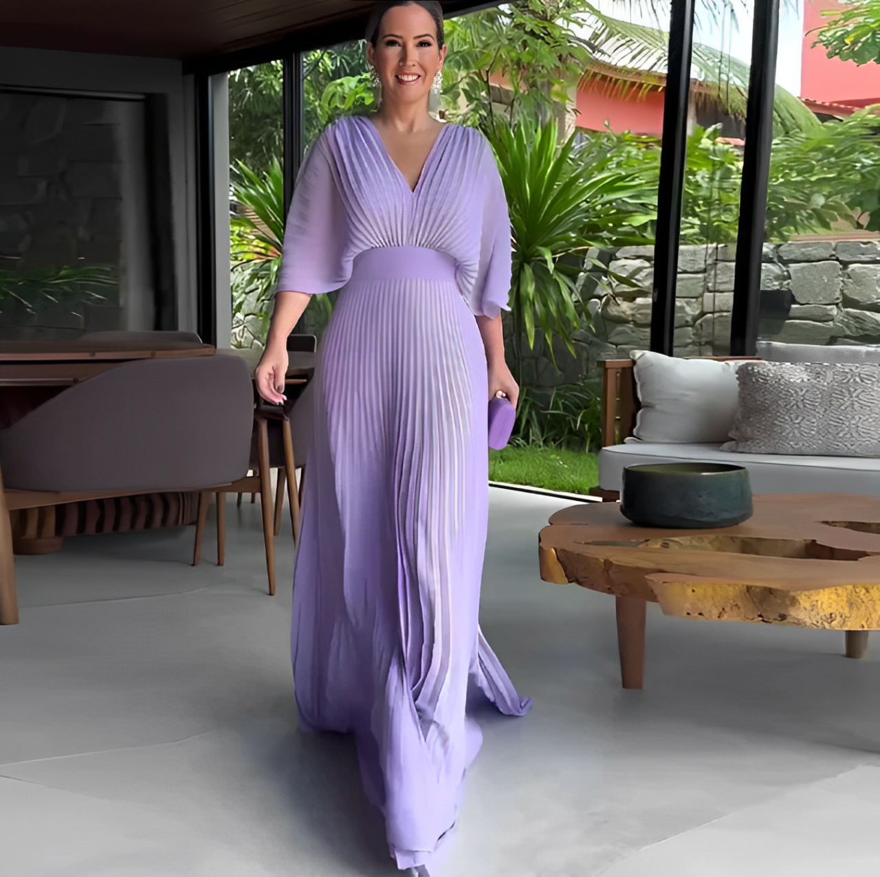VESTIDO PLISADO - MANGAS MURCIÉLAGO Y CINTURA CEÑIDA