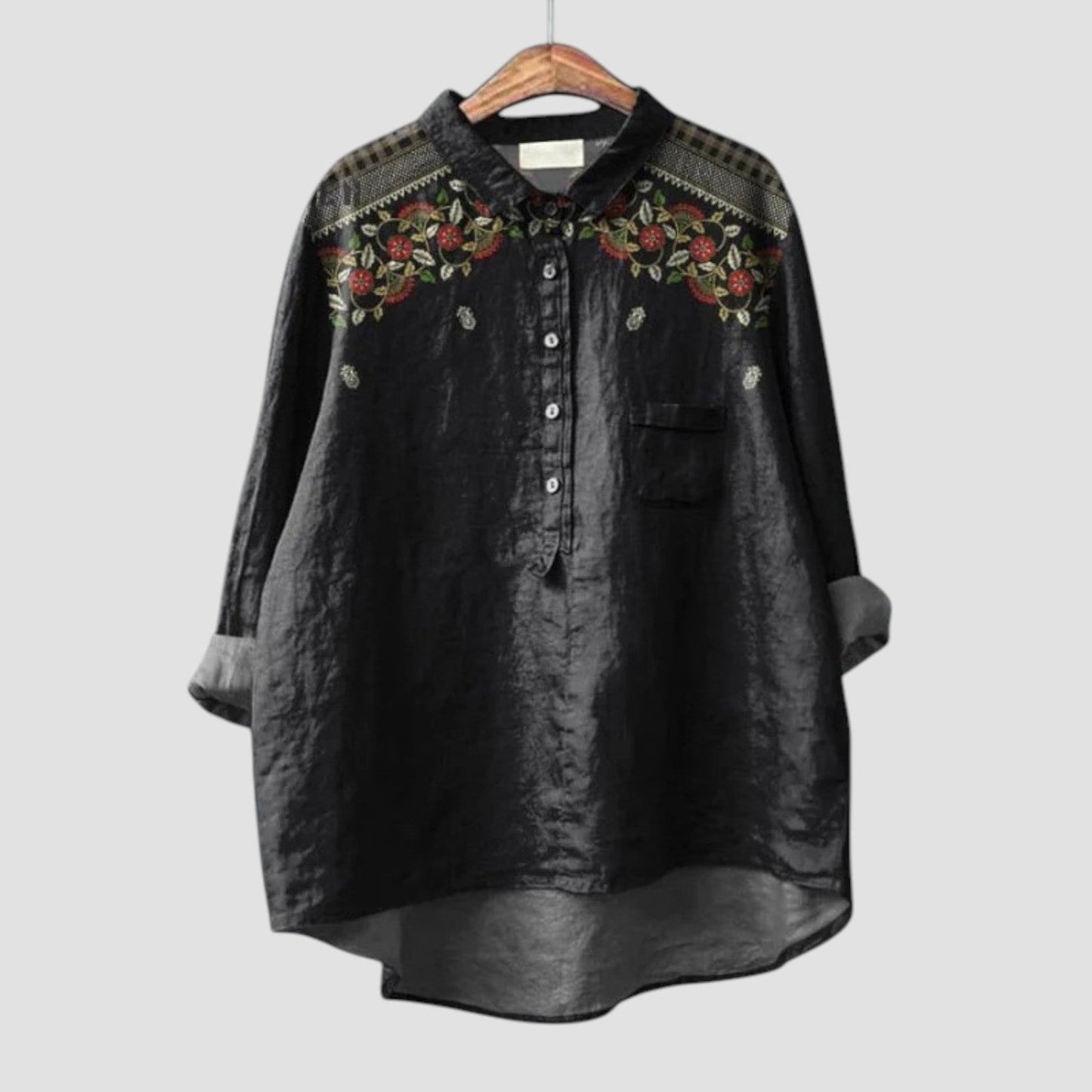 Carina | Camisa oversize negra con bordados florales