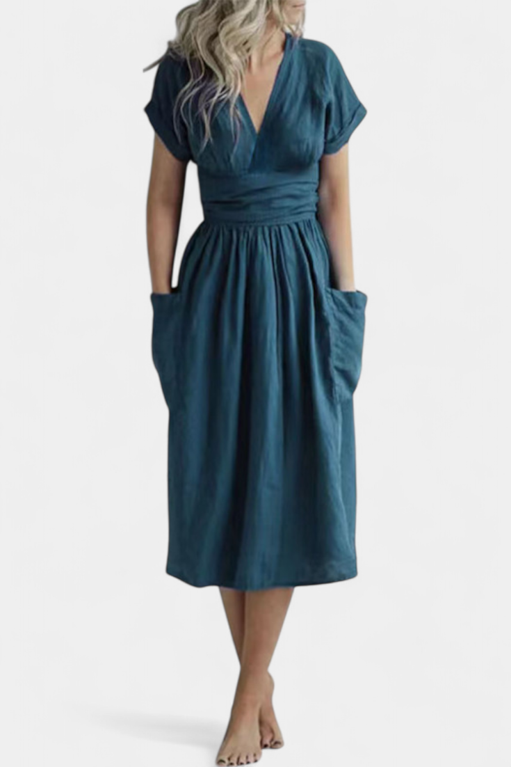 Cressida Vestido de Lino con Escote en V y Cintura Ajustable