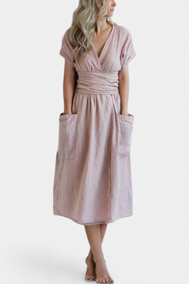 Cressida Vestido de Lino con Escote en V y Cintura Ajustable