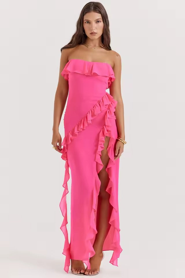 Paz | Vestido Largo Palabra Honor con Volantes