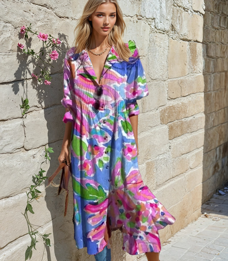 Vestido midi estampado de verano con mangas cortas y detalles de botones