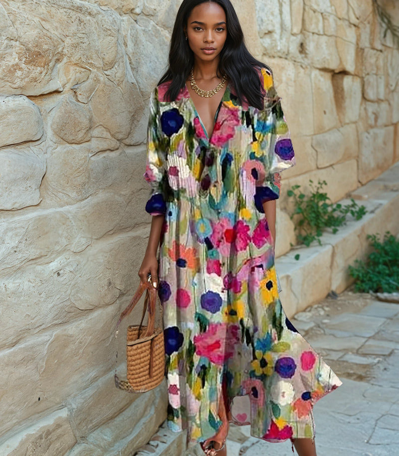 Vestido midi estampado de verano con mangas cortas y detalles de botones