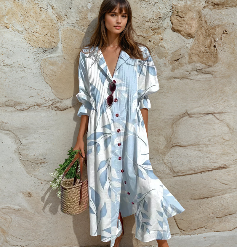 Vestido midi estampado de verano con mangas cortas y detalles de botones