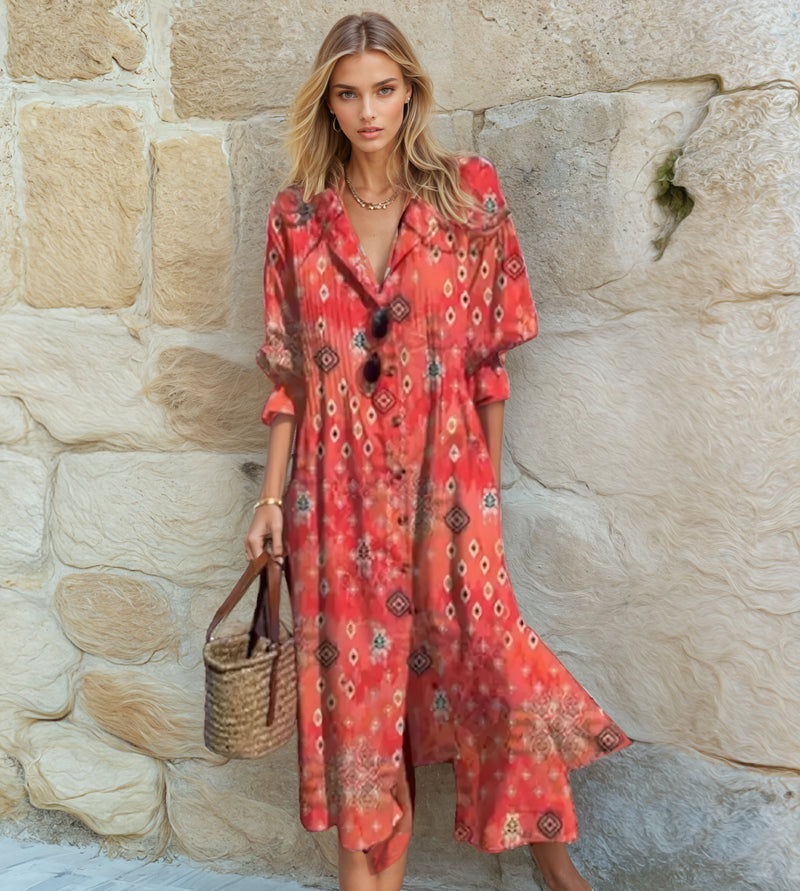 Vestido midi estampado de verano con mangas cortas y detalles de botones