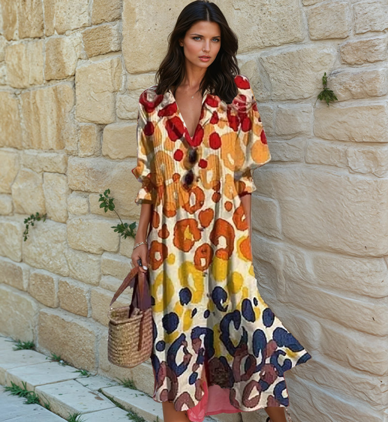 Vestido midi estampado de verano con mangas cortas y detalles de botones