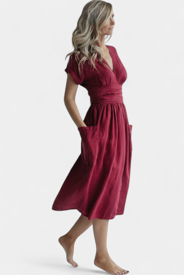 Cressida Vestido de Lino con Escote en V y Cintura Ajustable