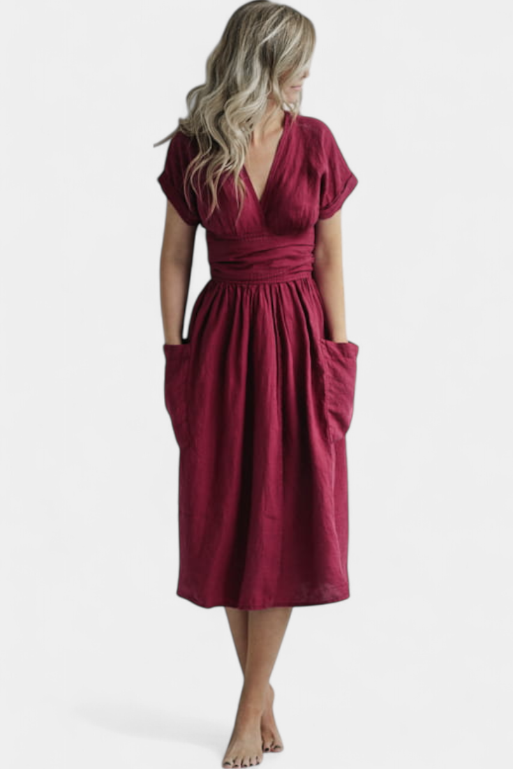 Cressida Vestido de Lino con Escote en V y Cintura Ajustable