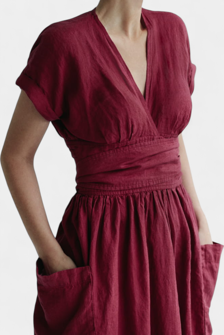 Cressida Vestido de Lino con Escote en V y Cintura Ajustable