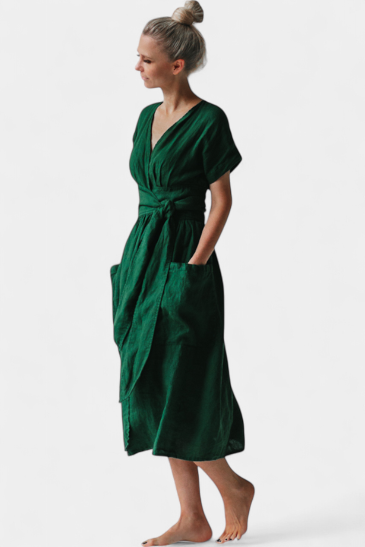 Cressida Vestido de Lino con Escote en V y Cintura Ajustable