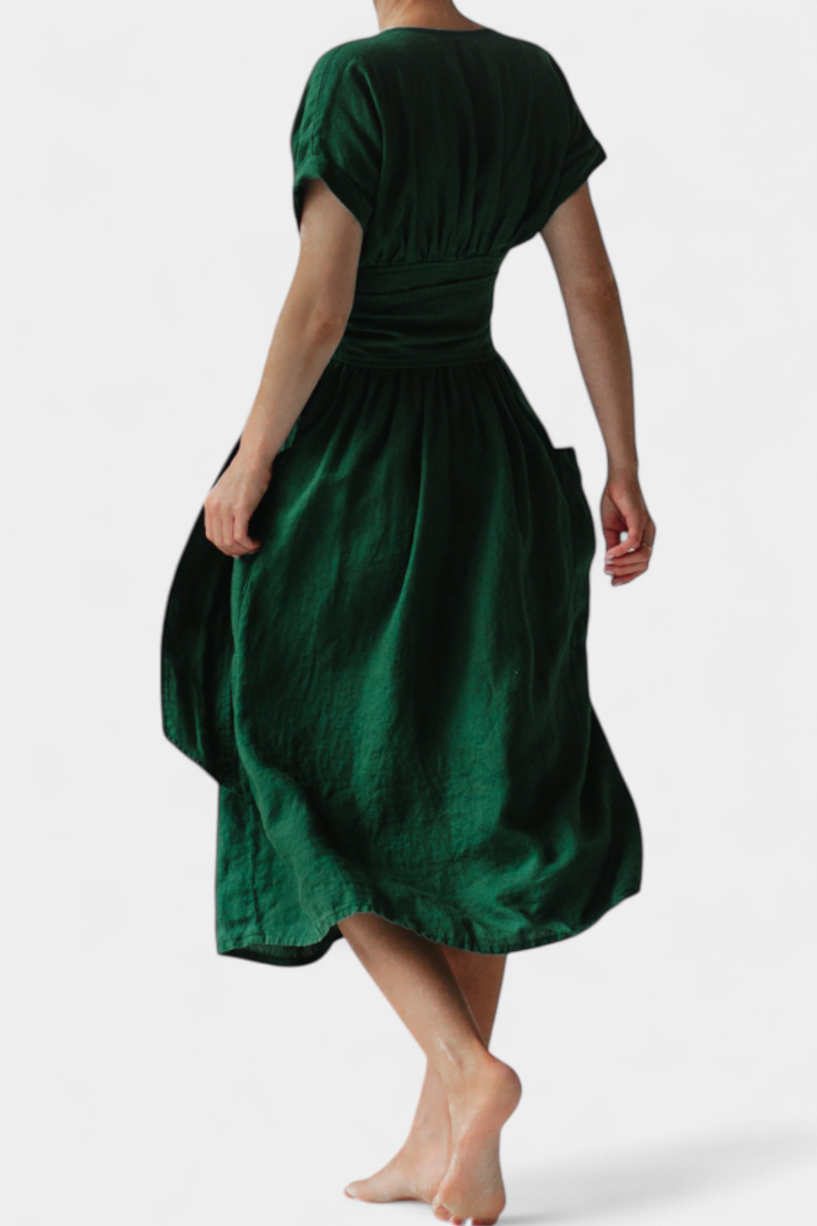 Cressida Vestido de Lino con Escote en V y Cintura Ajustable