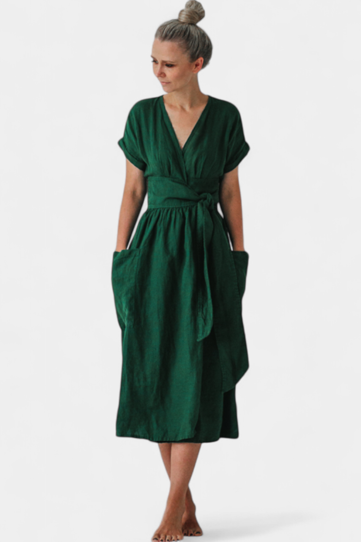 Cressida Vestido de Lino con Escote en V y Cintura Ajustable