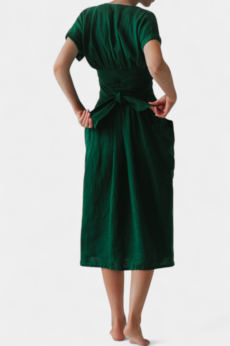 Cressida Vestido de Lino con Escote en V y Cintura Ajustable