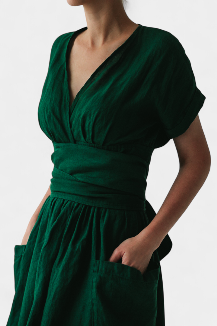 Cressida Vestido de Lino con Escote en V y Cintura Ajustable