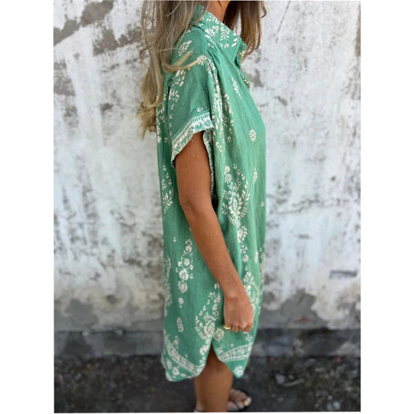 Eva Vestido Clásico de Algodón y Lino con Estampado – Elegancia Natural y Confort Diario