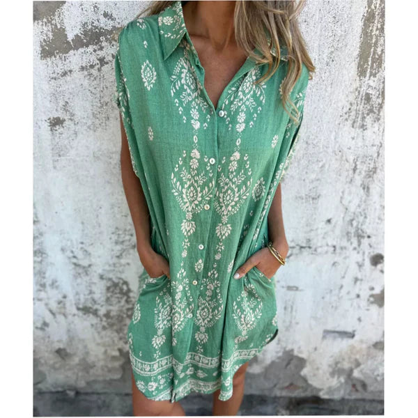 Eva Vestido Clásico de Algodón y Lino con Estampado – Elegancia Natural y Confort Diario