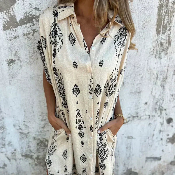 Eva Vestido Clásico de Algodón y Lino con Estampado – Elegancia Natural y Confort Diario