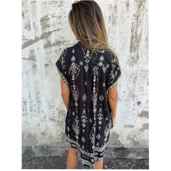 Eva Vestido Clásico de Algodón y Lino con Estampado – Elegancia Natural y Confort Diario