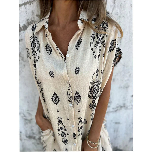 Eva Vestido Clásico de Algodón y Lino con Estampado – Elegancia Natural y Confort Diario
