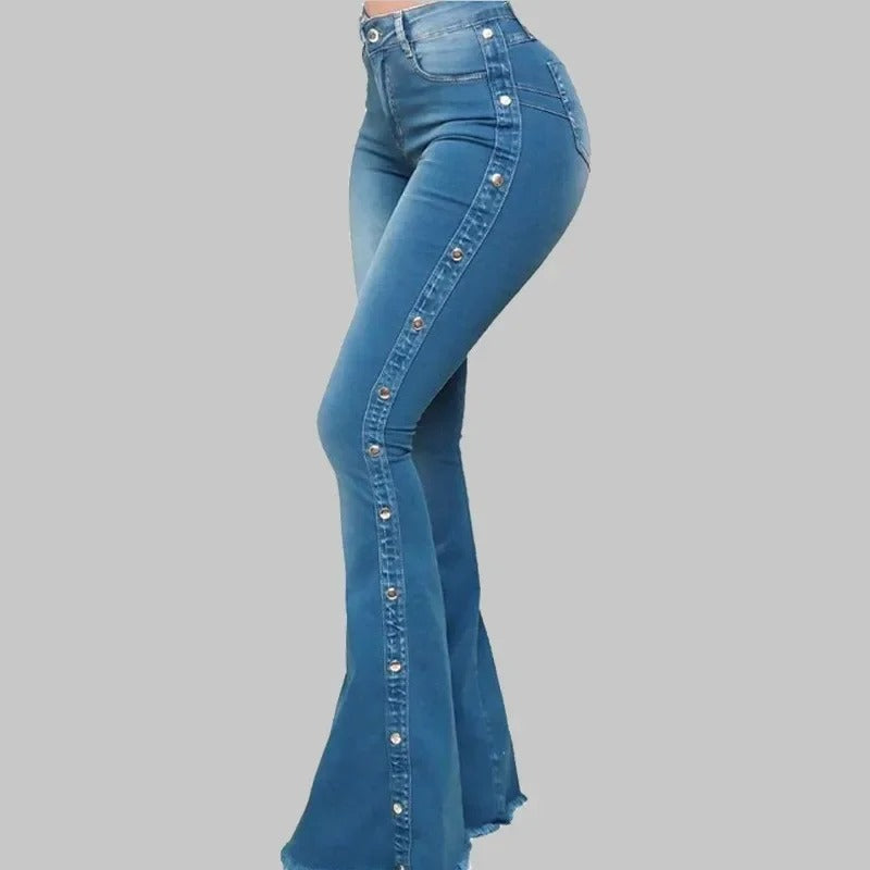 Agatha - Elegante pantalón vaquero elástico de talle alto y corte acampanado