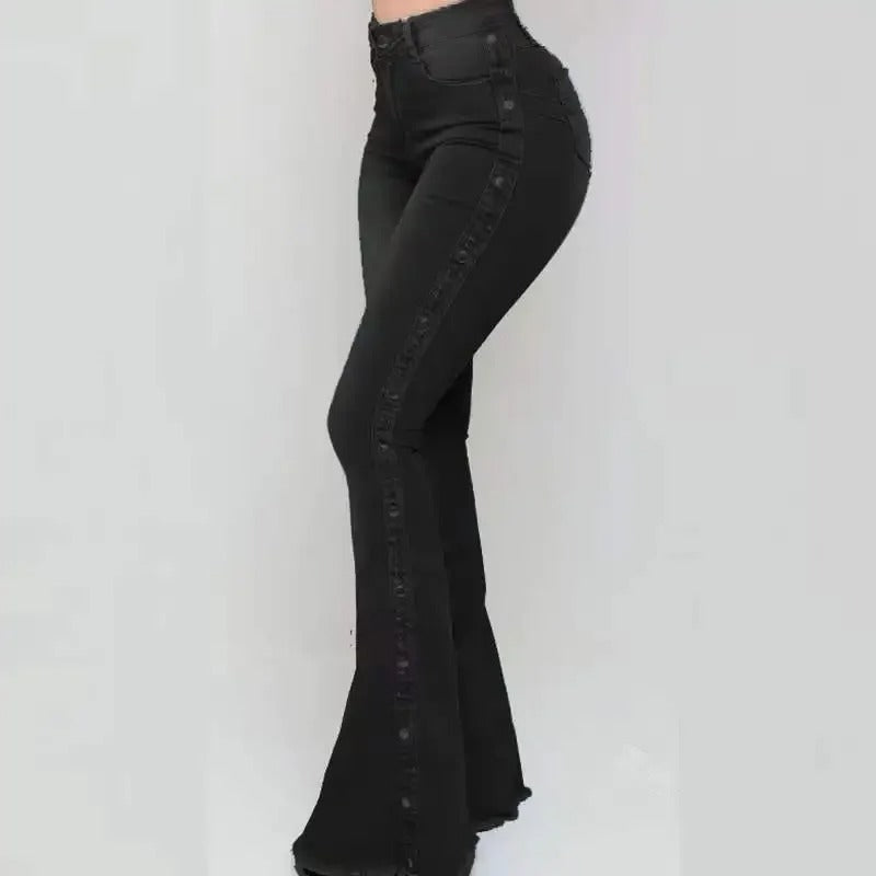 Agatha - Elegante pantalón vaquero elástico de talle alto y corte acampanado