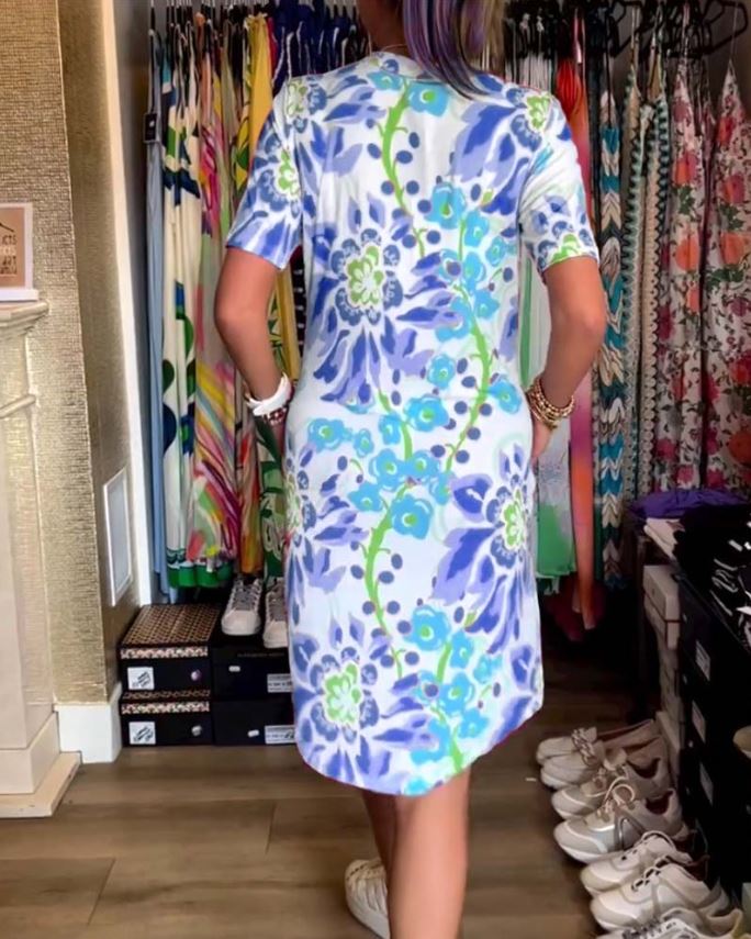 Vestido de manga corta con estampado floral y escote en pico