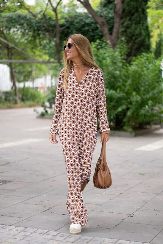 Bellevo | Vestido Elegante con Estampado Marrón
