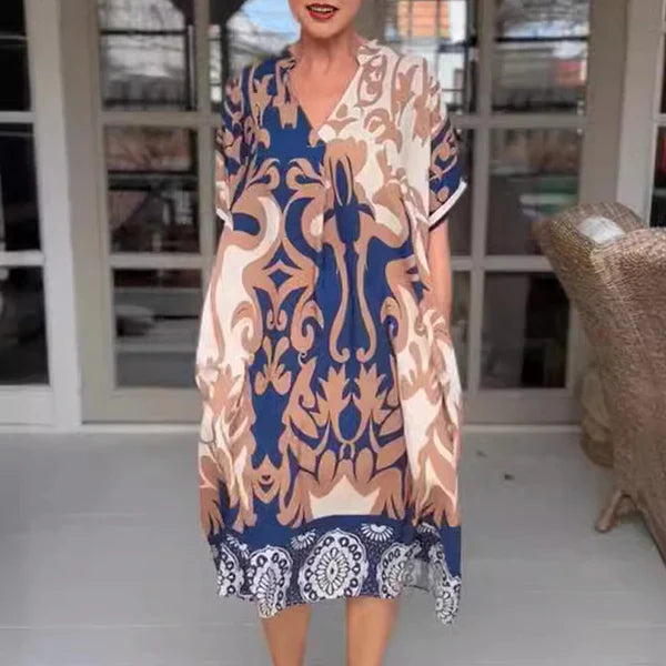 Paula/ Vestido midi holgado con cuello en V estampado