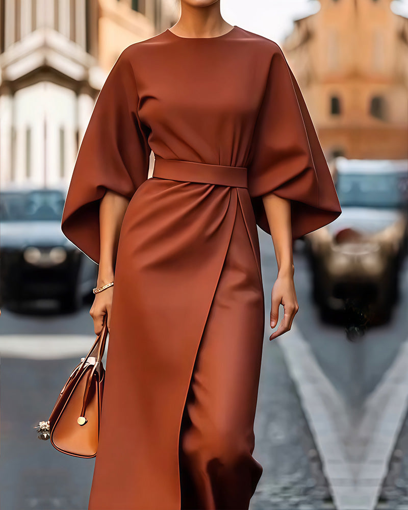 Vestido Celestine – Mangas Farol y Cinturón Sofisticado