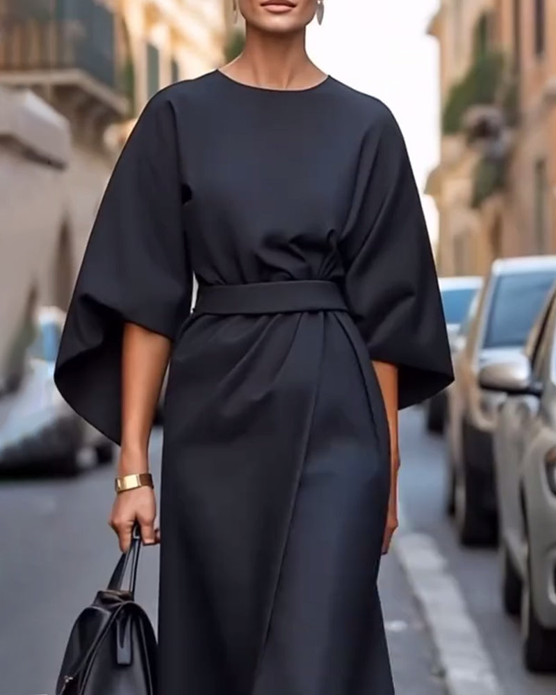 Vestido Celestine – Mangas Farol y Cinturón Sofisticado