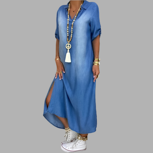 Laila™ | Vestido largo con aspecto vaquero y abertura lateral