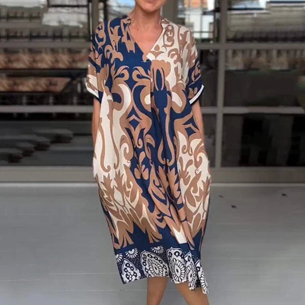 Paula/ Vestido midi holgado con cuello en V estampado