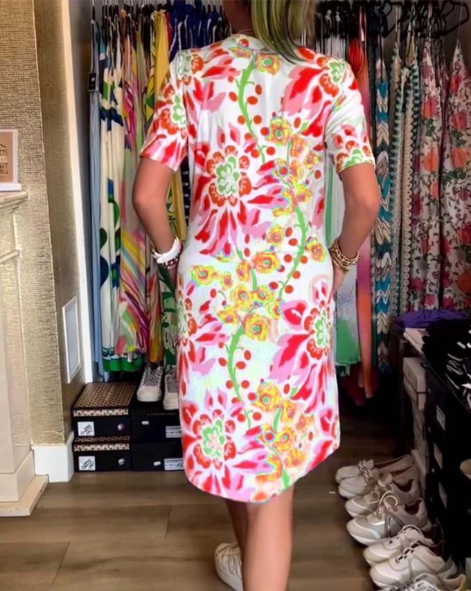 Vestido de manga corta con estampado floral y escote en pico