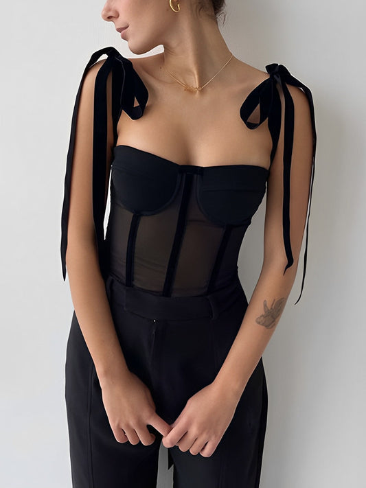 Yana - Elegante top corsé de malla negro para mujer