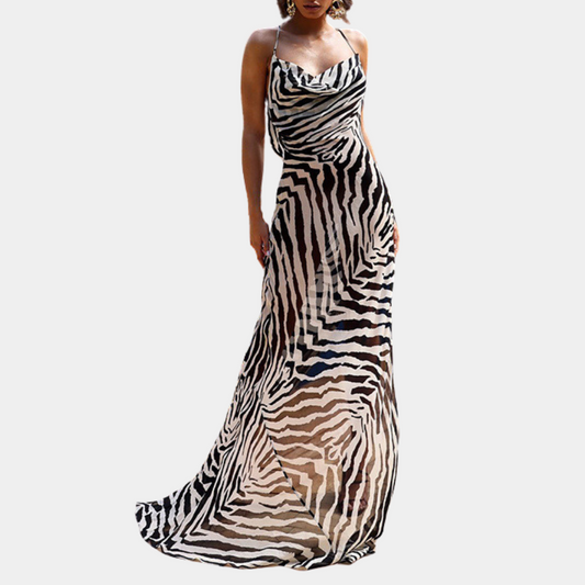 Dayana - Impresionante maxivestido de rayas de cebra sin tirantes