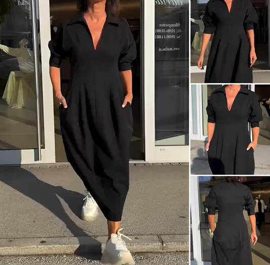 VESTIDO MIDI ELEGANTE - CINTURA MARCADA Y ESCOTE PROFUNDO